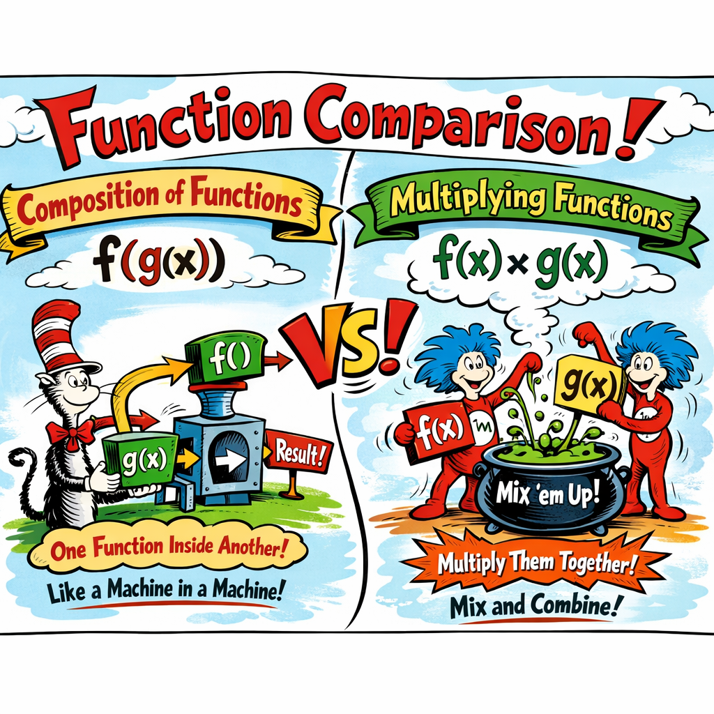 Copilot: create an image in the style of Doctor Seuss explaining function multiplication vs function composition
